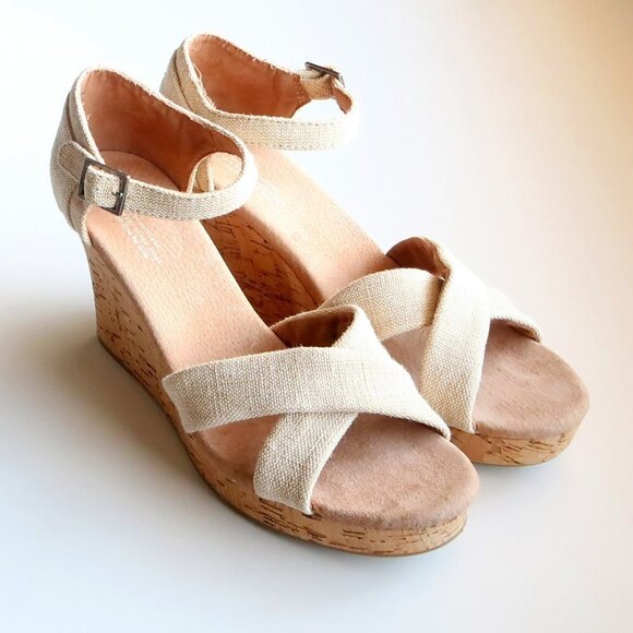 Toms Beige Canvas Ankle Strap Cork Platform Wedge Heel Sandals / Summer Shoes - Picture 3 of 16